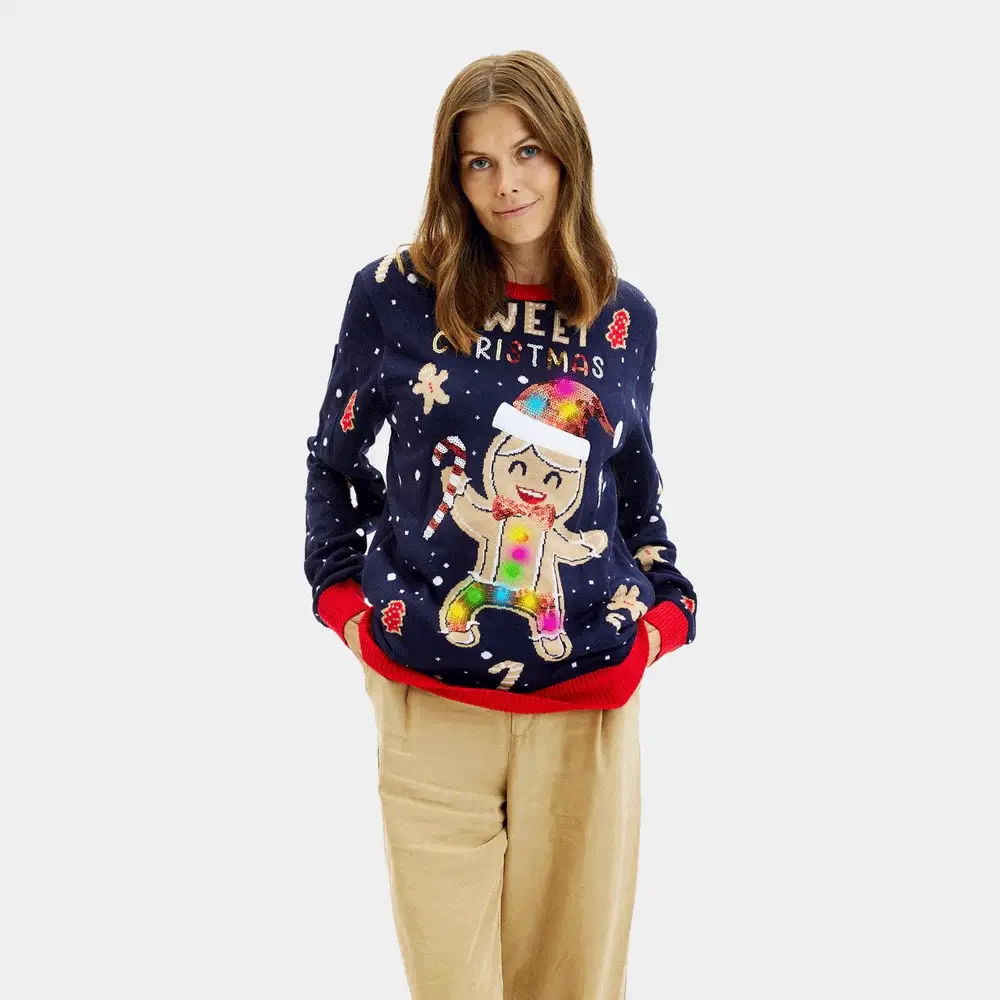 Pull de Noël pour Femme Lumineux LED Bleu Ginger Cookie