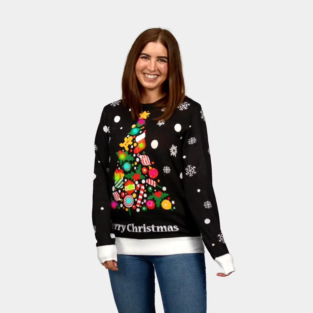 Pull de Noël pour Femme Lumineux LED Noire Sapin de Noël