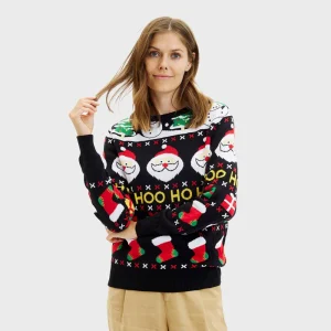Pull de Noël pour Femme avec Père Noël, Cadeaux et Bonhommes de Neige Coton Bio