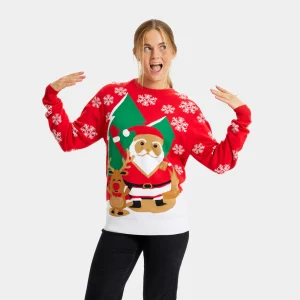Pull de Noël pour Femme Rouge avec Père Noël et Renne Saluant