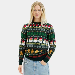 Pull de Noël pour Femme Vert "Happy Holidays"