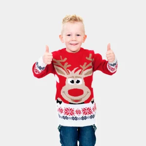 Pull de Noël pour Enfants Rouge avec Renne et Neige