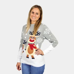 Pull de Noël pour Femme Gris avec Rennes Mignonnes