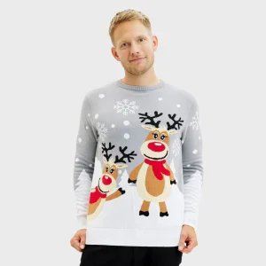 Pull de Noël pour Homme Gris avec Rennes Mignonnes