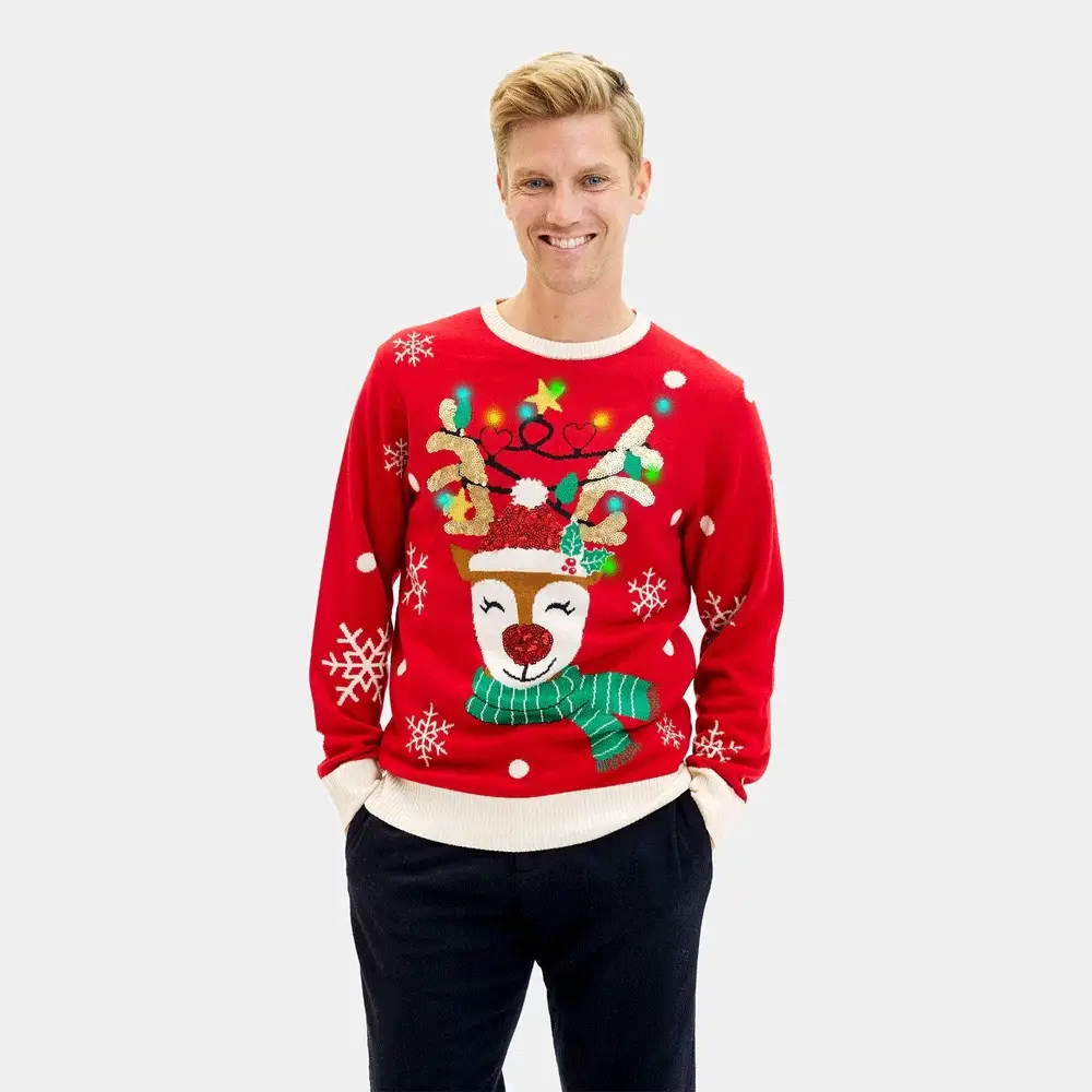 Pull de Noël pour Homme Lumineux LED Renne Brillant avec Paillettes