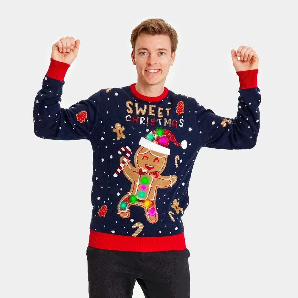 Pull de Noël pour Homme Lumineux LED Bleu Ginger Cookie