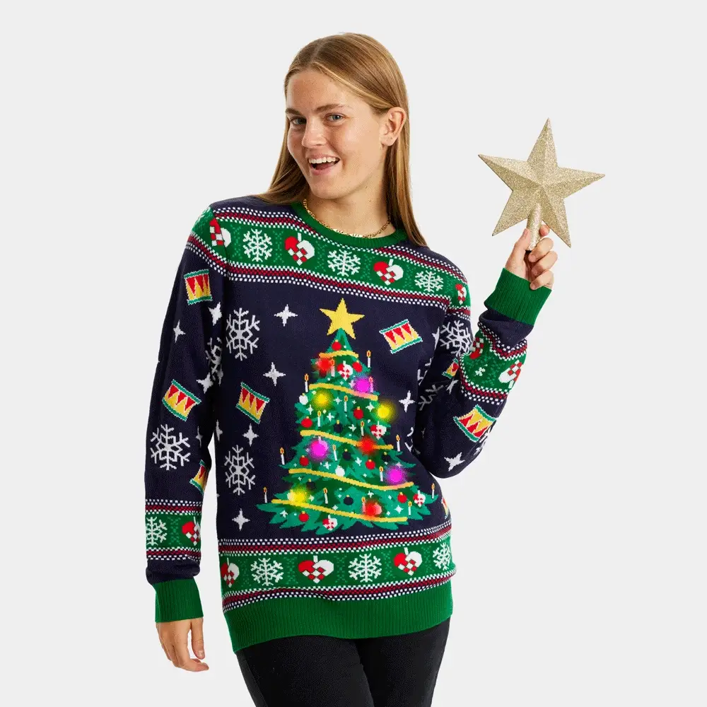 Pull de Noël pour Femme Lumineux LED Bleu avec Sapin de Noël