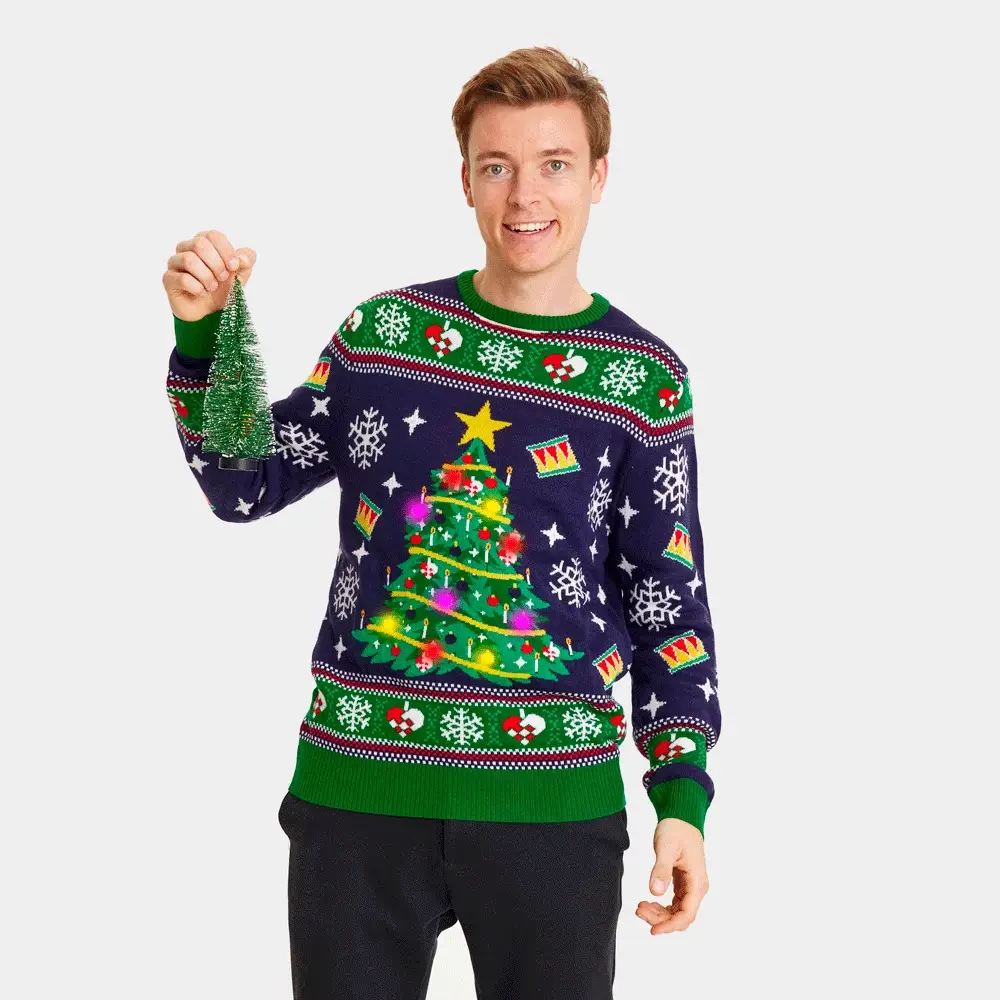 Pull de Noël pour Homme Lumineux LED Bleu avec Sapin de Noël