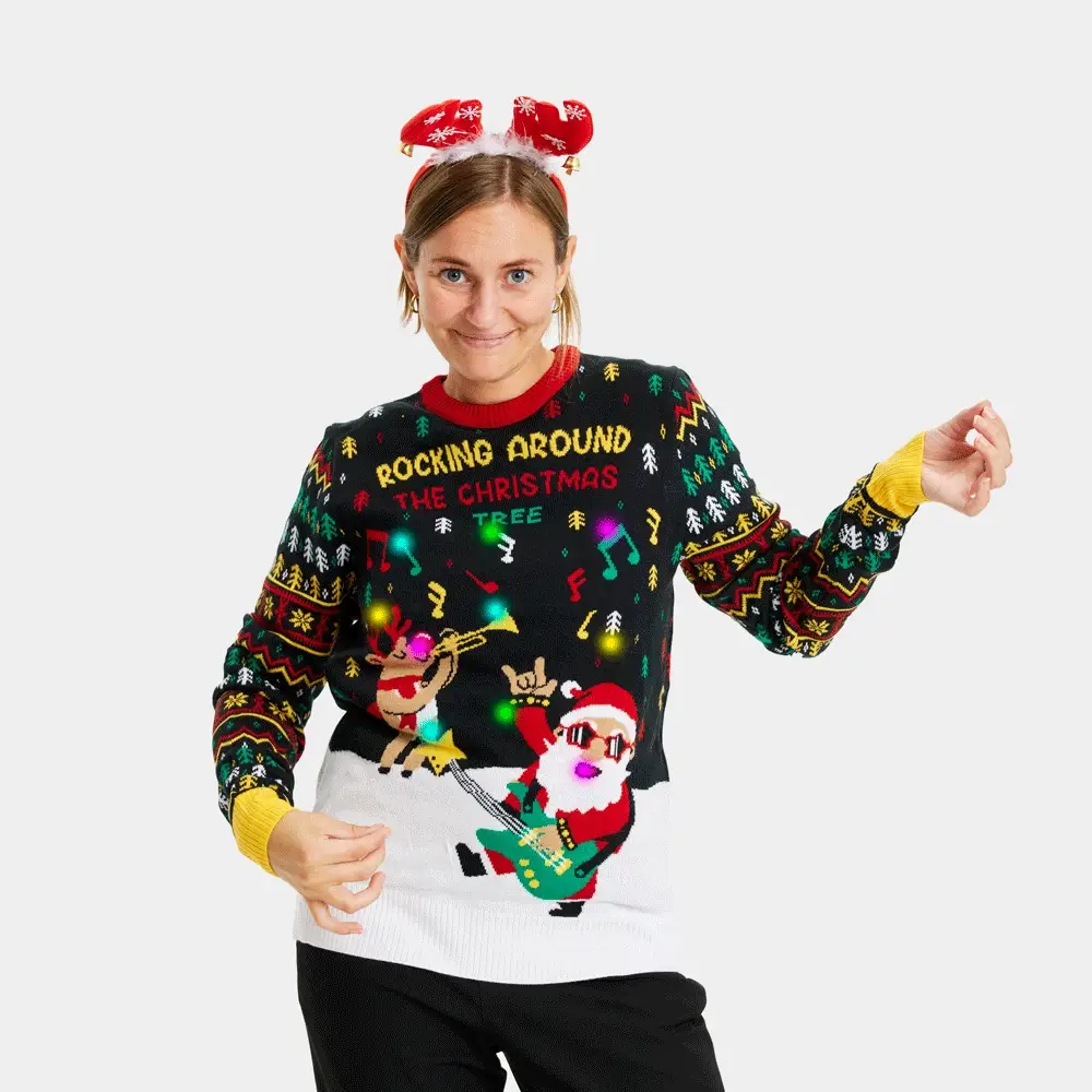 Pull de Noël pour Femme Lumineux LED Père Noël Rocker