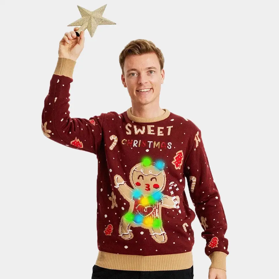 Pull de Noël pour Homme Lumineux LED Rouge Ginger Cookie