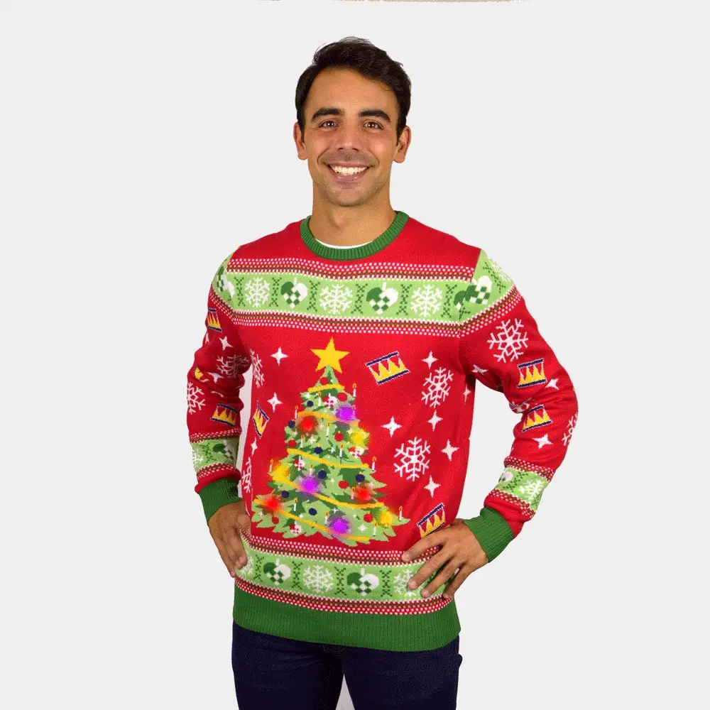 Pull de Noël pour Homme Lumineux LED Rouge avec Sapin de Noël