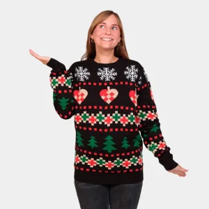 Pull de Noël Noir avec Neige, Cœurs et Sapins
