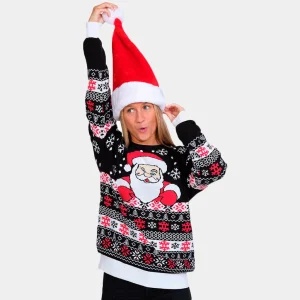 Pull de Noël Noir avec Père Noël et Neige Coton Bio