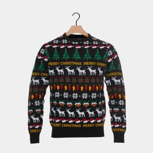 Pull de Noël pour Enfants Noir avec Sapins, Rennes et Cadeaux