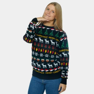 Pull de Noël pour Femme Noir avec Sapins, Rennes et Cadeaux