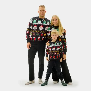 Pull de Noël pour Famille Père Noël, Cadeaux et Bonhommes de Neige Coton Bio