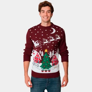 Pull de Noël pour Homme Père Noël en Traîneau et Sapin de Noël