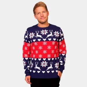 Pull de Noël pour Homme Rennes et Cœurs Bleu et Rouge