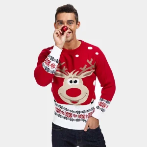 Pull de Noël pour Homme Rouge avec Renne et Neige