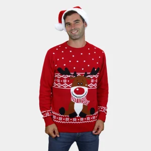 Pull de Noël pour Homme Rouge Renne Rudolph Echarpe
