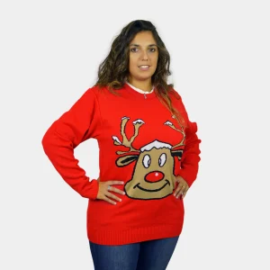 Pull de Noël pour Femme Rouge avec Renne Souriant