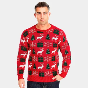 Pull de Noël pour Homme Rouge avec Rennes, Cadeaux et Sapins