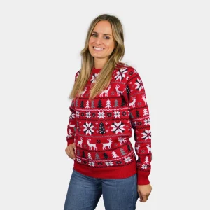 Pull de Noël pour Femme Rouge avec Rennes, Sapins et Étoiles Polaires