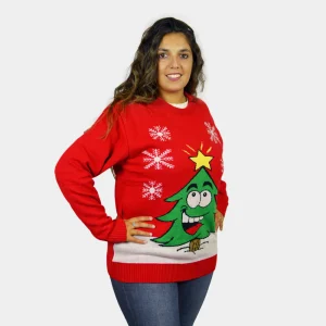 Pull de Noël pour Femme Rouge avec Sapin de Noël Souriant