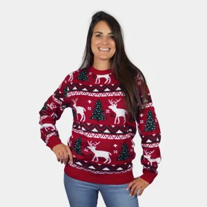 Pull de Noël pour Femme Rouge avec Sapins de Noël et Rennes
