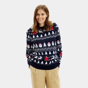 Pull de Noël pour Femme Bleu Sapins, Bonhommes de Neige et Père Noël