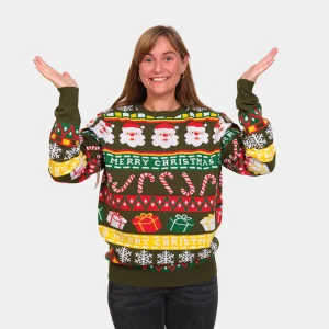 Pull de Noël pour Femme Vert avec Père Noël et Cadeaux