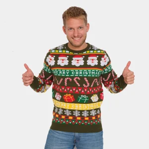 Pull de Noël Vert pour Homme avec Père Noël et Cadeaux