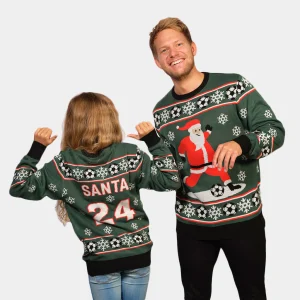 Pull de Noël pour Homme Vert Père Noël jouant au Foot