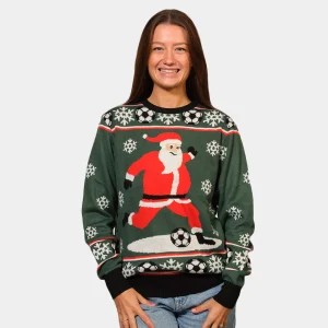 Pull de Noël pour Femme Vert Père Noël jouant au Foot