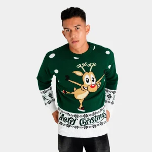 Pull de Noël pour Homme Vert avec Renne Patinant