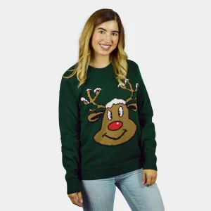 Pull de Noël pour Femme Vert avec Renne Souriant