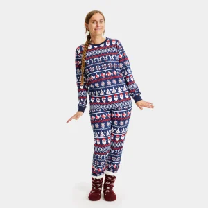 Pyjama de Noël pour Adultes Unisexe Bleu avec Père Noël, Sapins et Cœurs