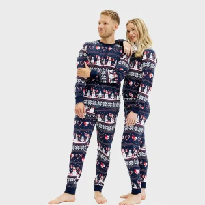Pyjama de Noël pour Adultes Unisexe Bleu avec Bonhommes de Neige et Cœurs